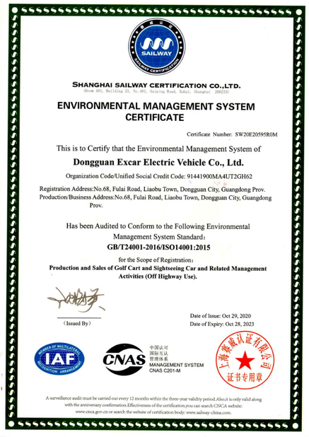 China Dongguan Excar Electric Vehicle Co., Ltd Certification